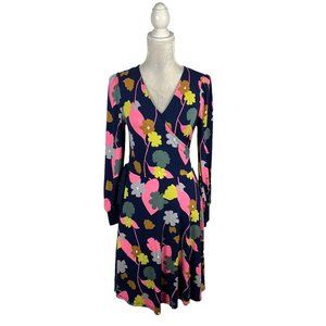 Boden Navy Blue Floral Knit True Wrap Dress Long Sleeve Colorful Vibrant 8R